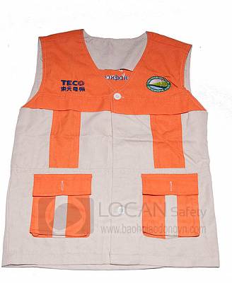 Áo ghi lê bảo hộ lao động cao cấp, áo ghi lê đồng phục nhân viên sân golf resort vải kaki phối màu cam may nhiều túi hộp- GL003